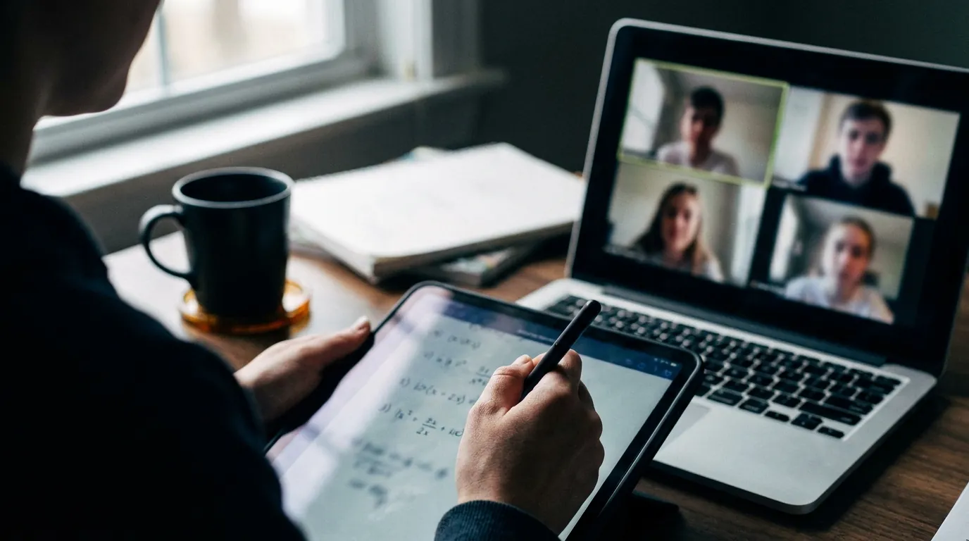 A tutor writing on a tablet during a live Zoom class with students on screen