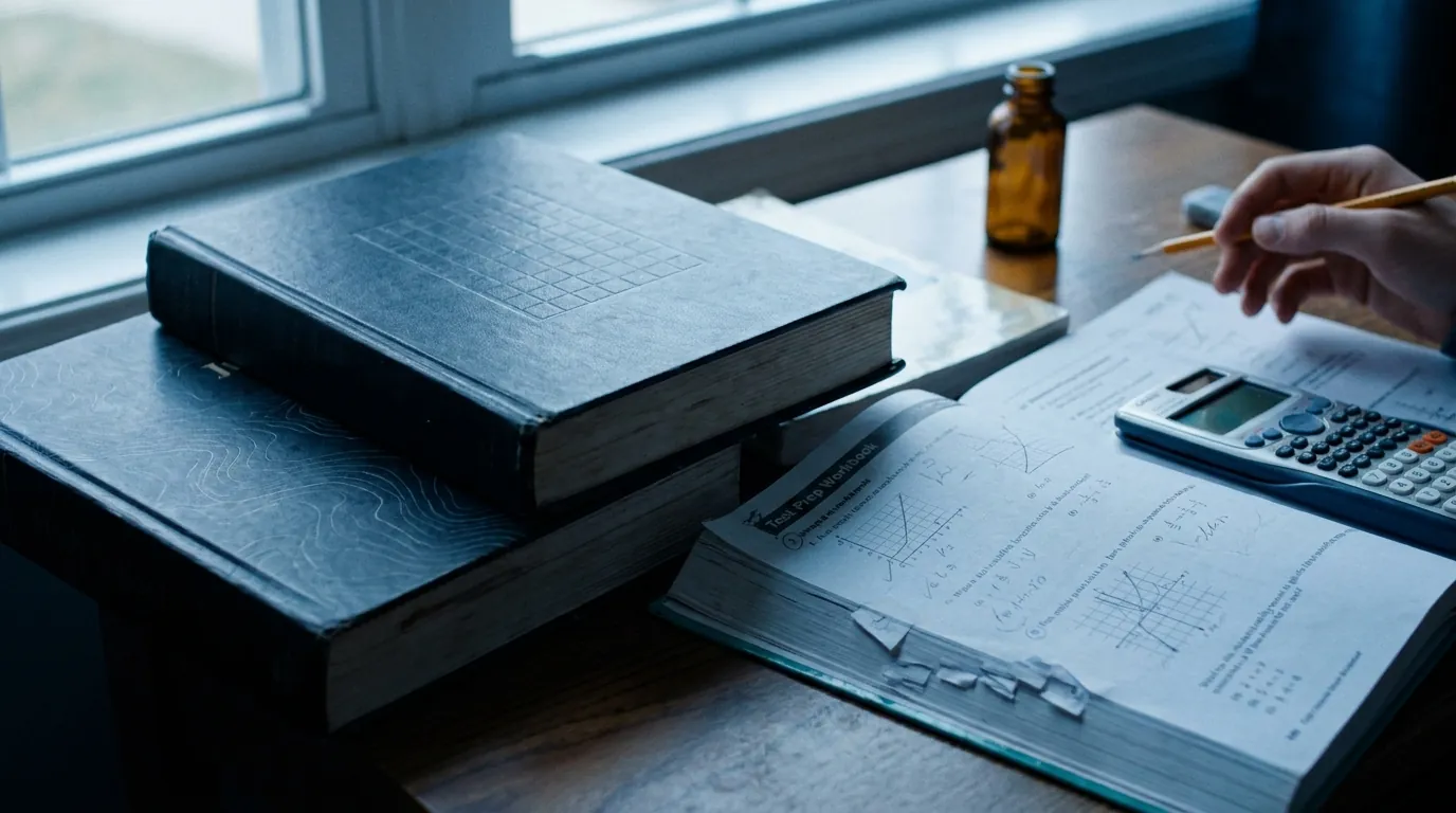 High school textbooks next to an open SAT workbook and a calculator