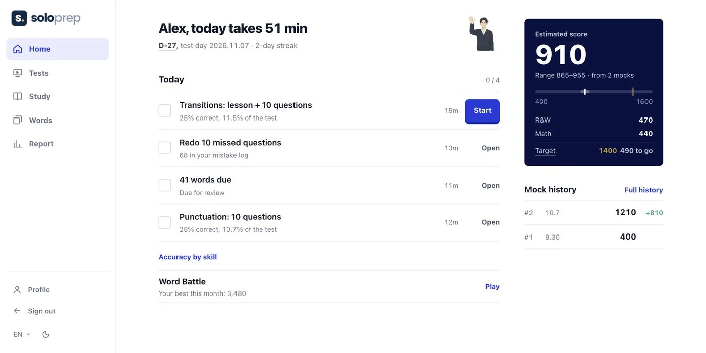 Solo Prep practice app home screen in English showing today's plan, estimated score and mock test history
