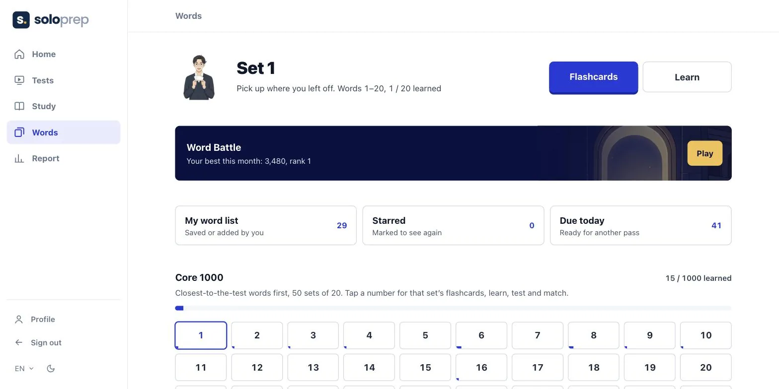 Solo Prep self-study platform Words screen with flashcards, the Word Battle game and the Core 1000 word sets