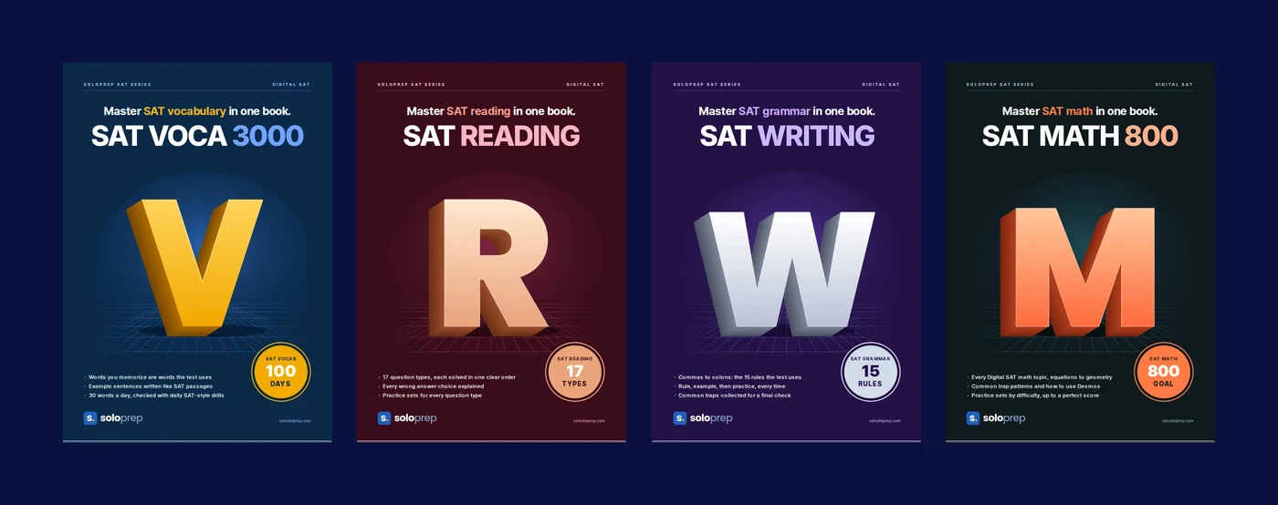 The four Solo Prep SAT books: SAT VOCA 3000, SAT READING, SAT WRITING and SAT MATH 800