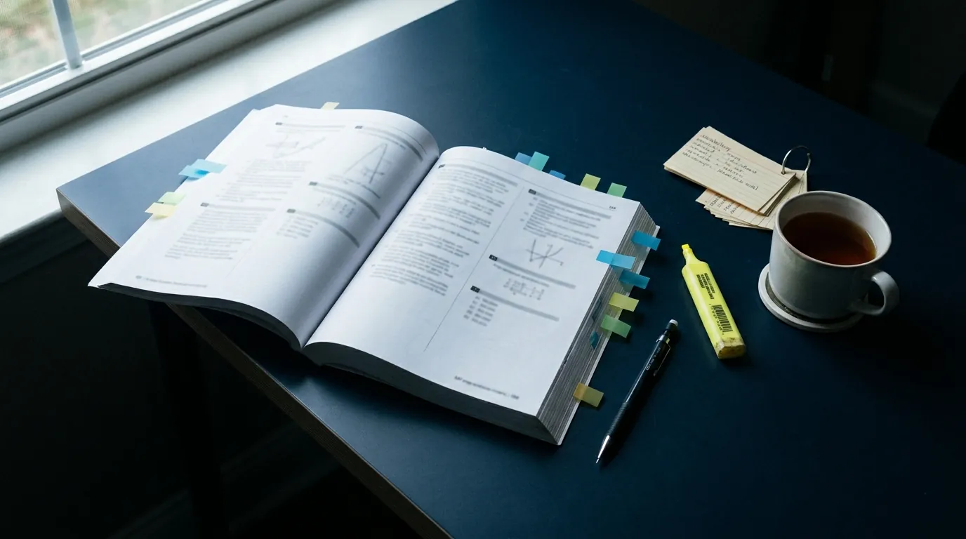 An open SAT workbook with sticky tabs, a highlighter and vocabulary cards on a study desk
