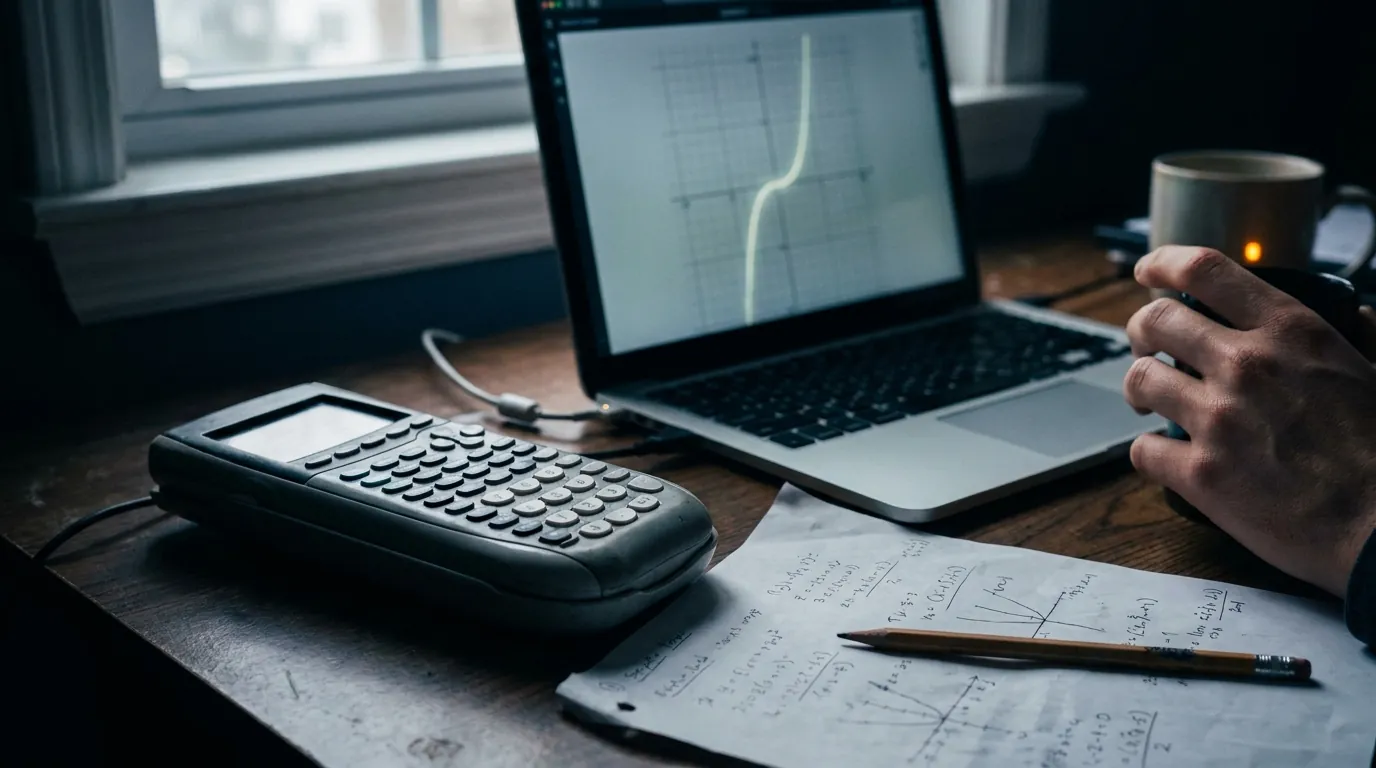 A graphing calculator beside a laptop showing a graph and scratch paper with algebra
