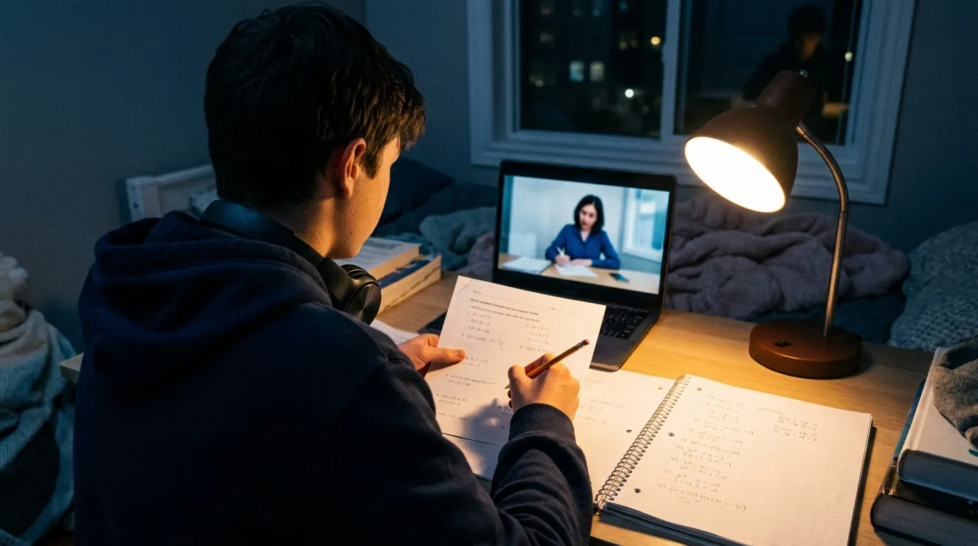 A student working through SAT math questions during a live one-on-one Zoom lesson