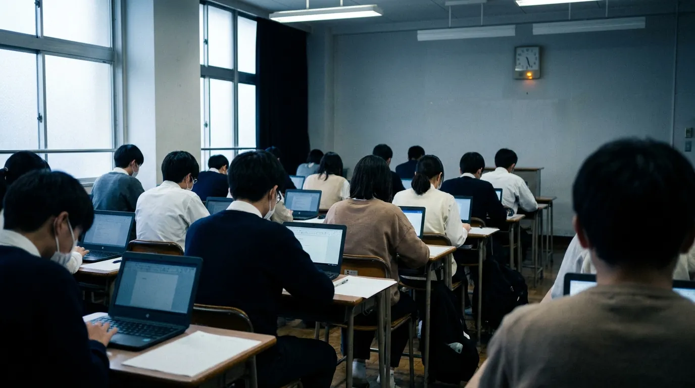 Students taking a computer-based test on laptops in a quiet exam room