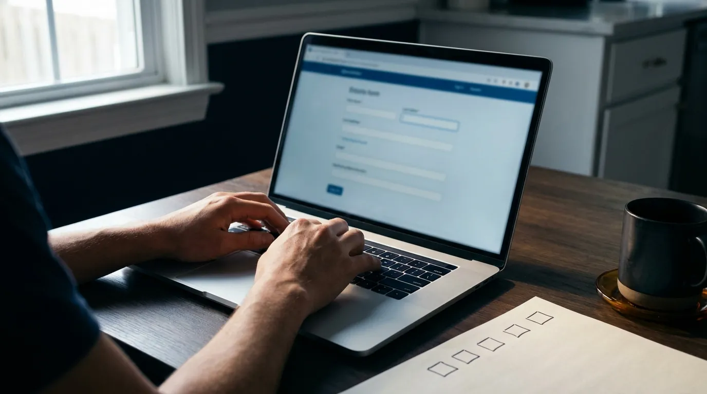 Hands filling in an online registration form on a laptop beside a paper checklist