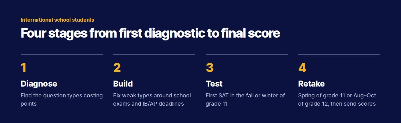 Four stages of SAT prep: diagnose, build, test, retake