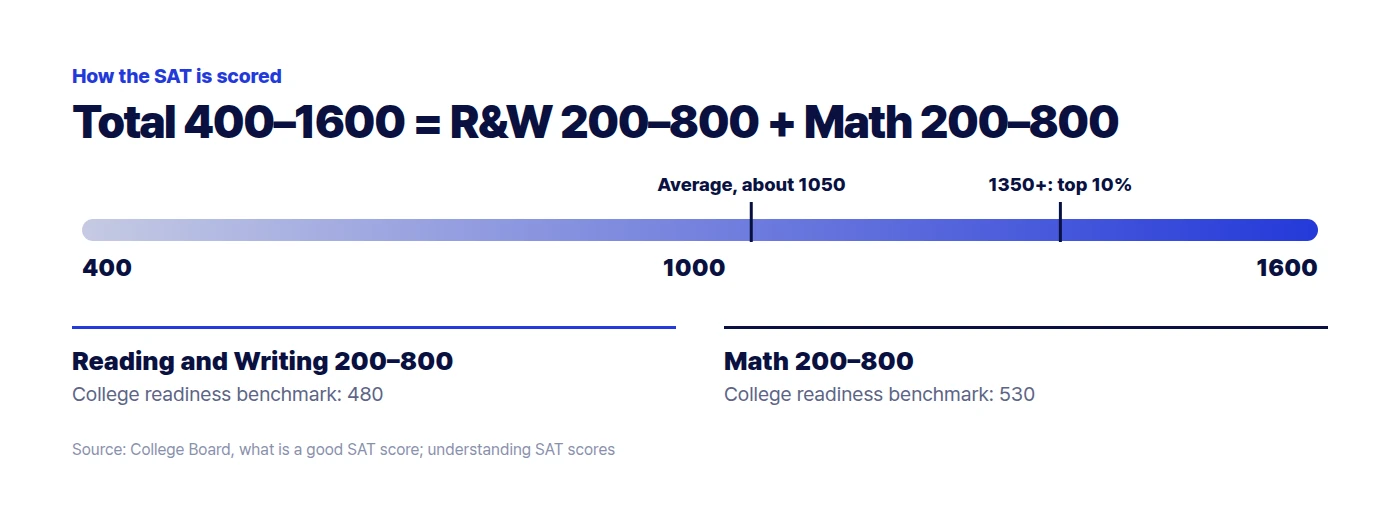SAT score scale from 400 to 1600 with the average near 1050 and the top 10 percent at 1350 and above