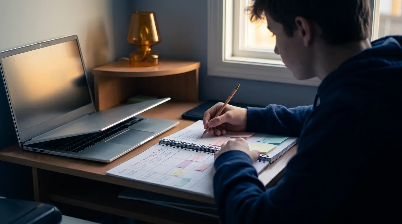 A student planning SAT study in a notebook with sticky notes beside a laptop