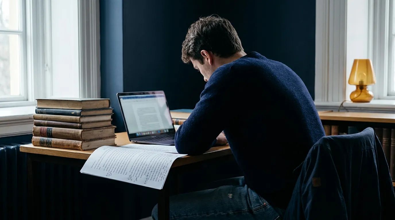A student writing a long research essay in a school library