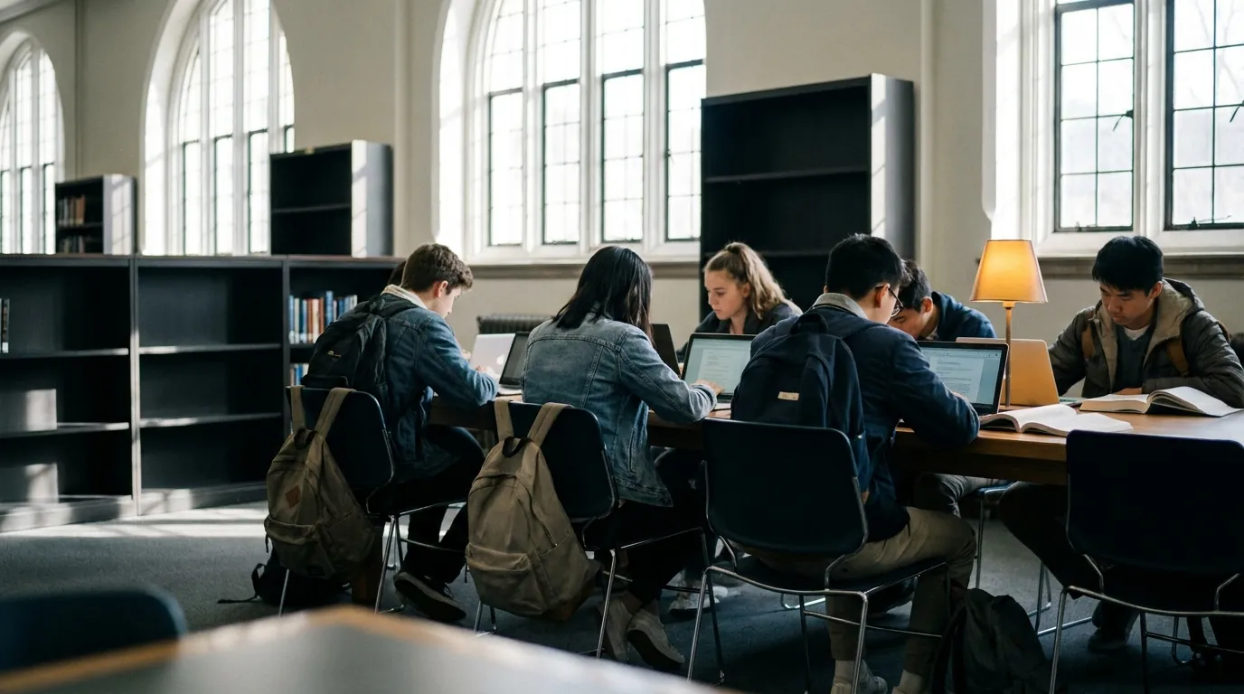 High school students working on laptops at a long table in a school library