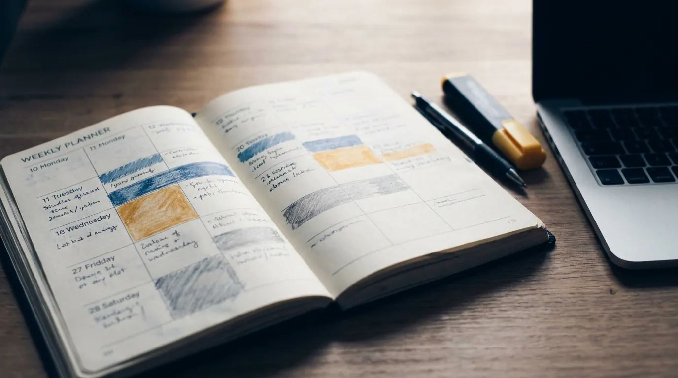A weekly planner with colored study blocks penciled into each day