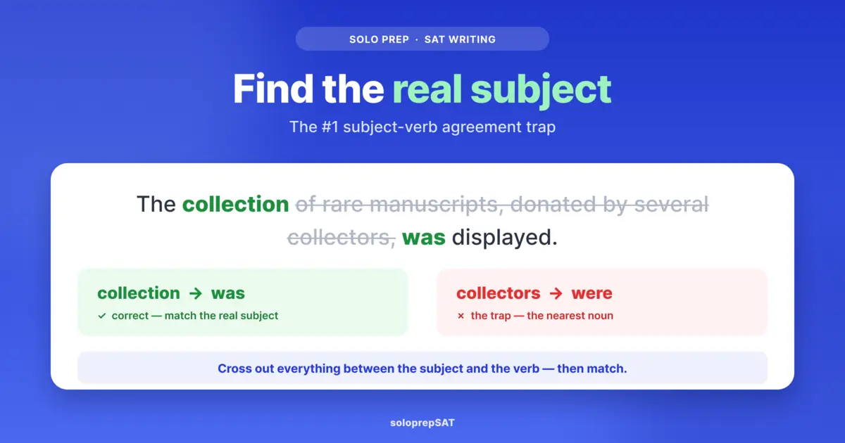 Subject-verb agreement: cross out the phrase between subject and verb, then match — collection takes was, not were