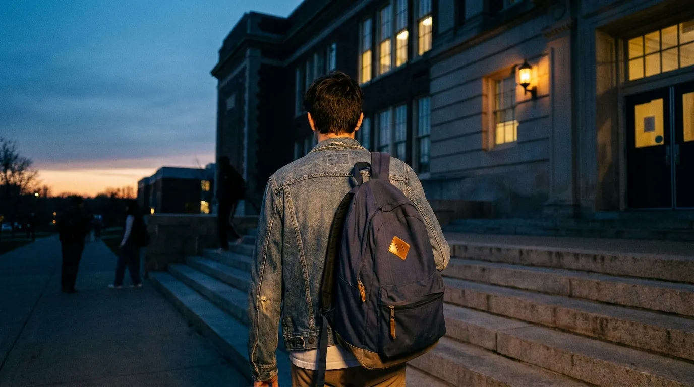 A student leaving a school building at dusk after a test