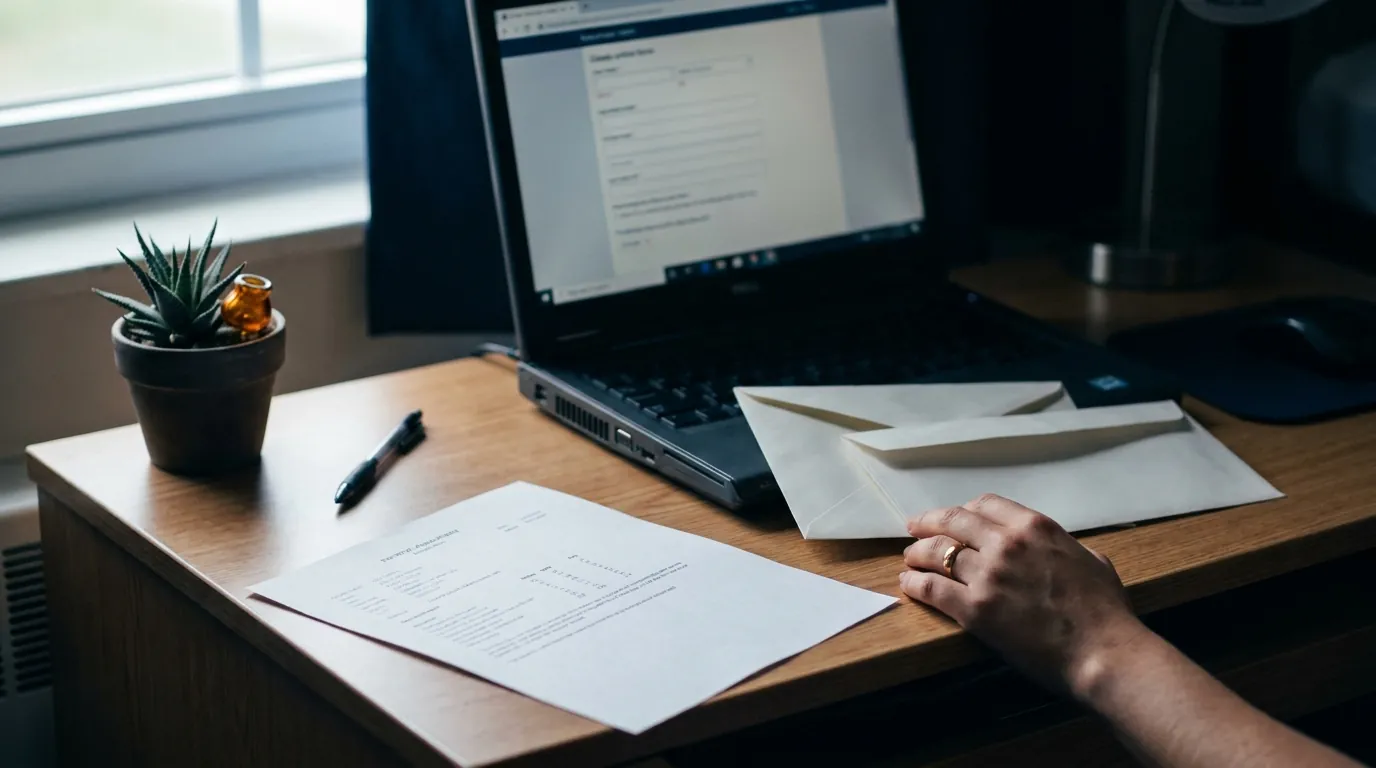 A college application desk with a laptop, envelopes and a pen