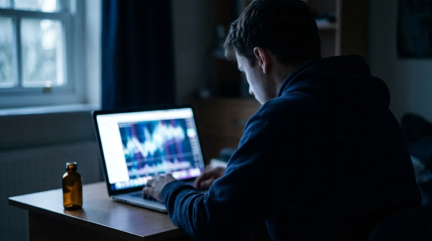 A student checking a score report on a laptop at night