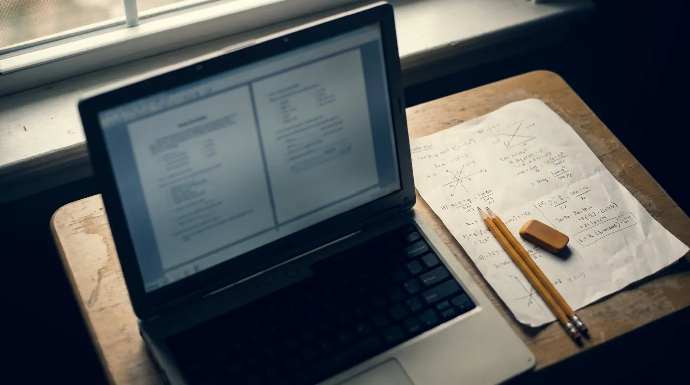 A test desk with a laptop, scratch paper with math work, pencils and an eraser