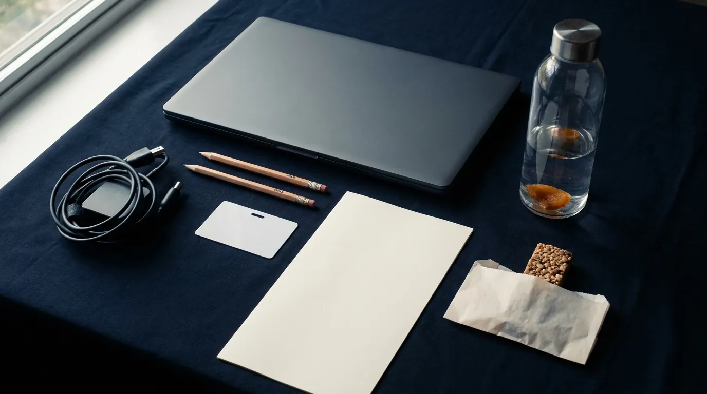 Test day items laid out: laptop, charger, pencils, photo ID, printed admission ticket, water and a snack