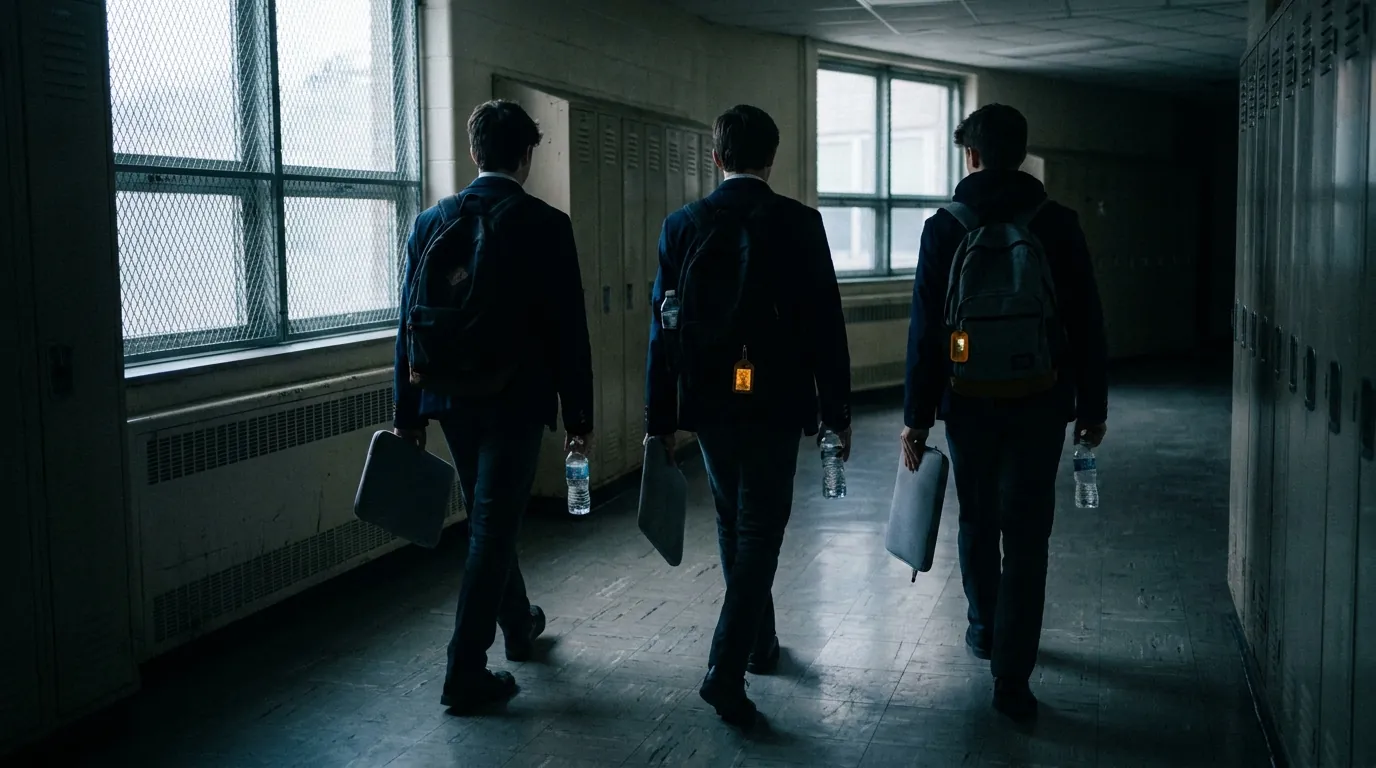Students walking down a school hallway on test morning carrying laptops and water bottles