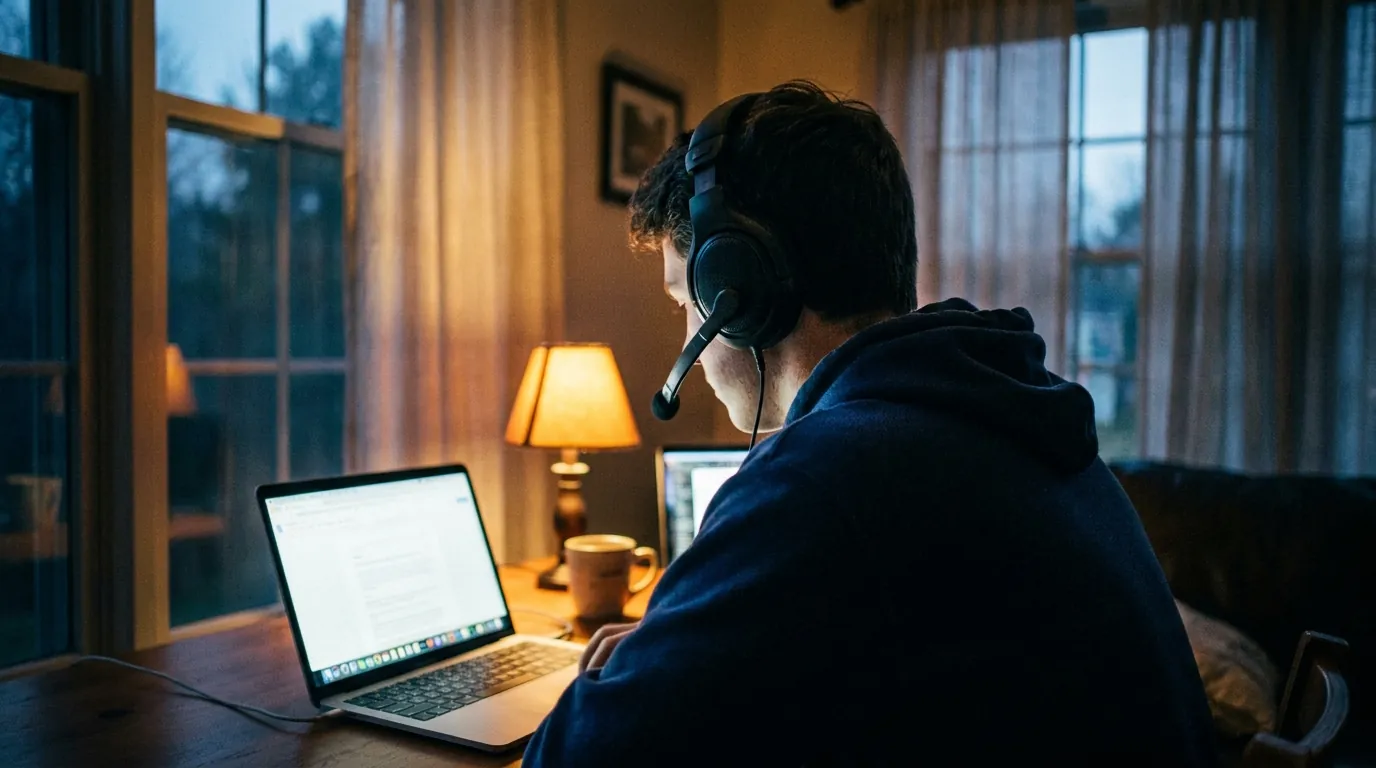 A student wearing a headset with a microphone practicing speaking at a laptop