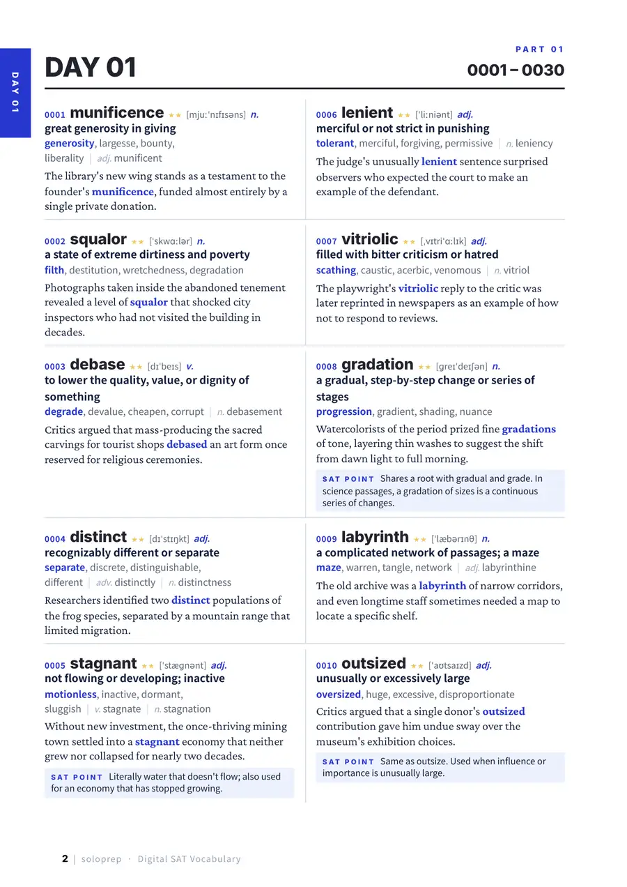 Day 01 page of the Solo Prep SAT vocabulary list with definitions, synonyms and example sentences