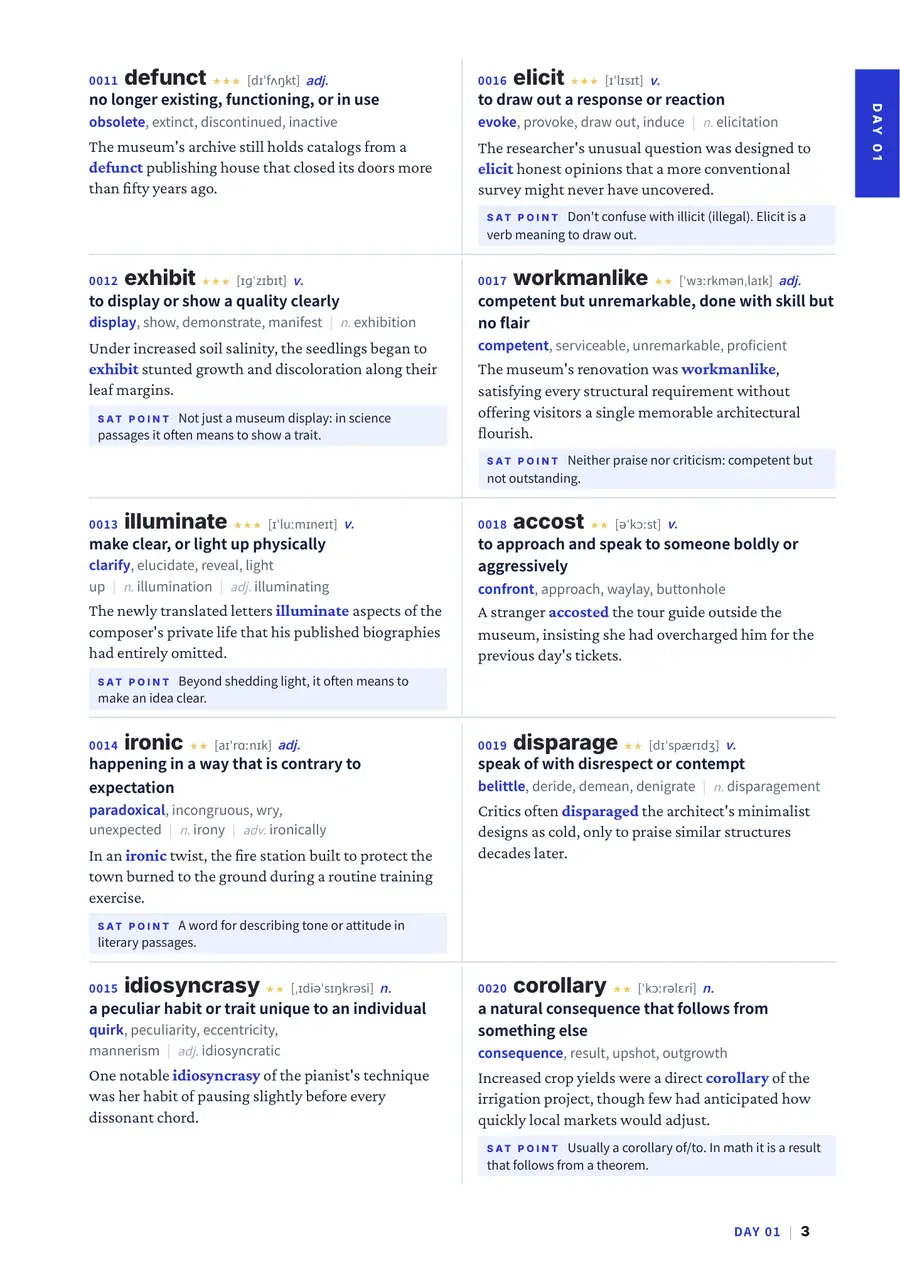 Word entries with definitions, synonyms, examples and SAT tips
