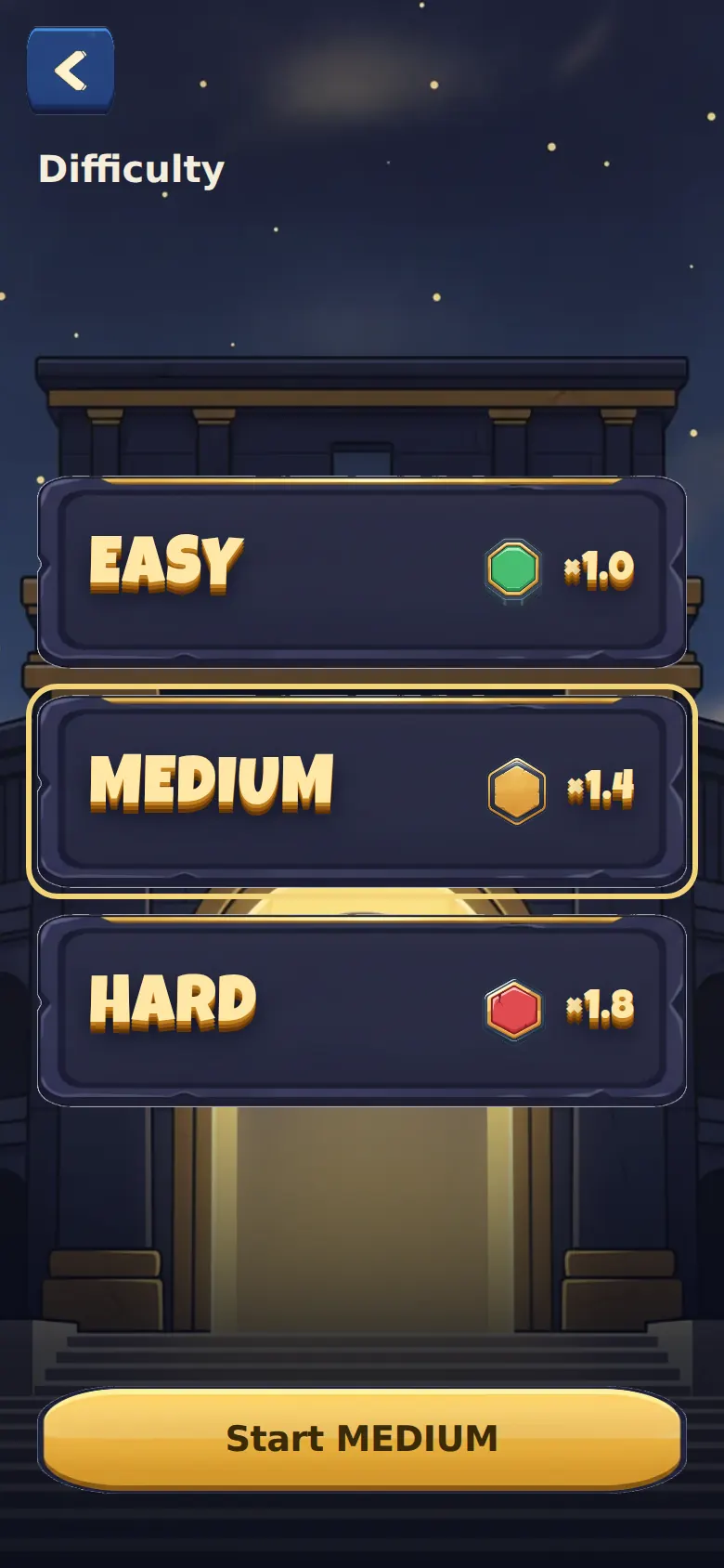 Difficulty screen with Easy, Medium and Hard
