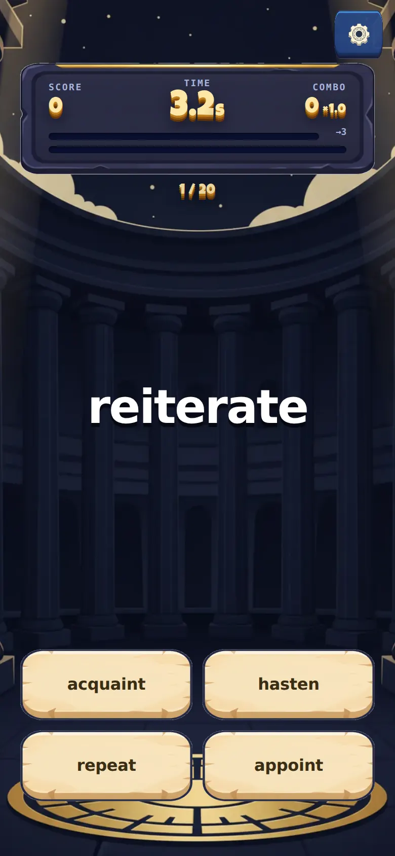 A Word Battle question: the word reiterate with four answer choices
