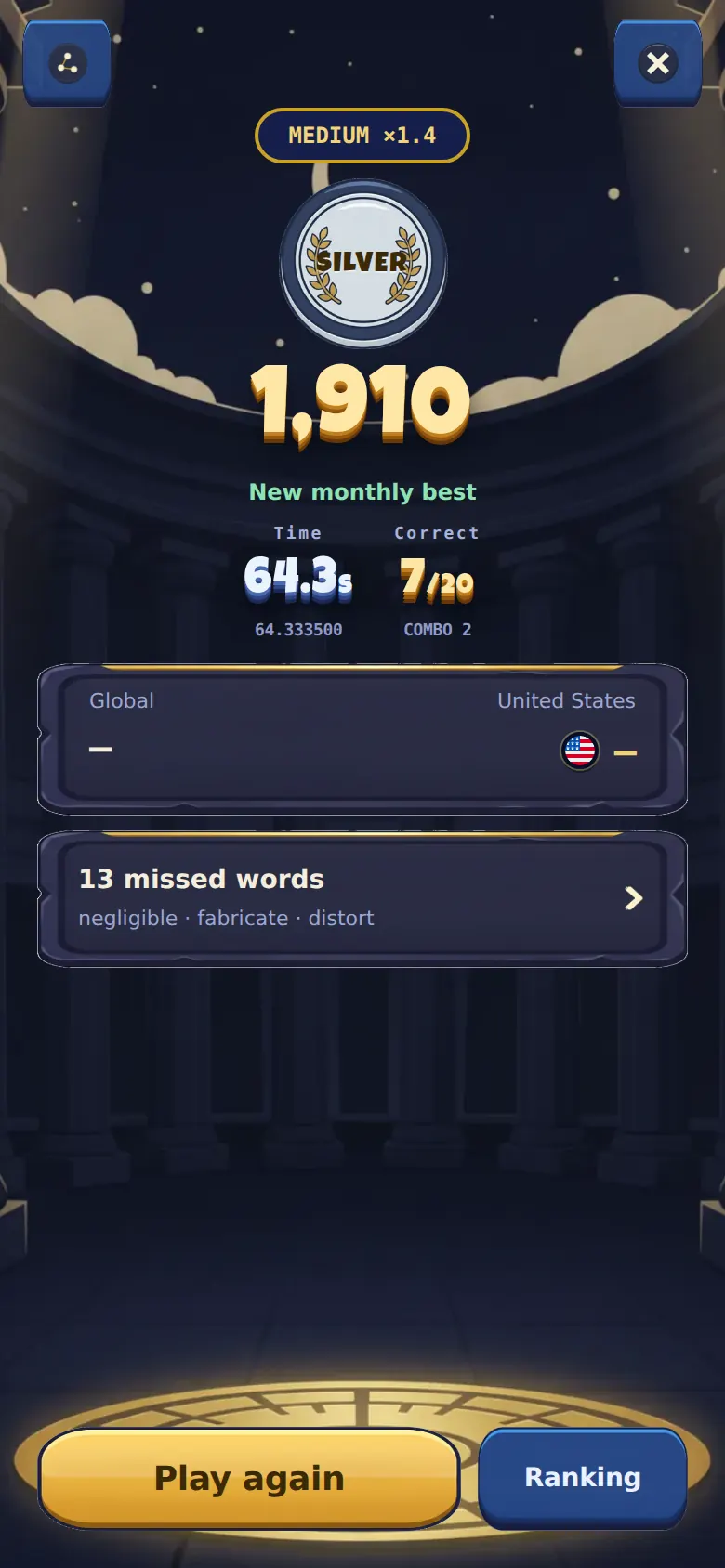Result screen with score, time, medal and missed words
